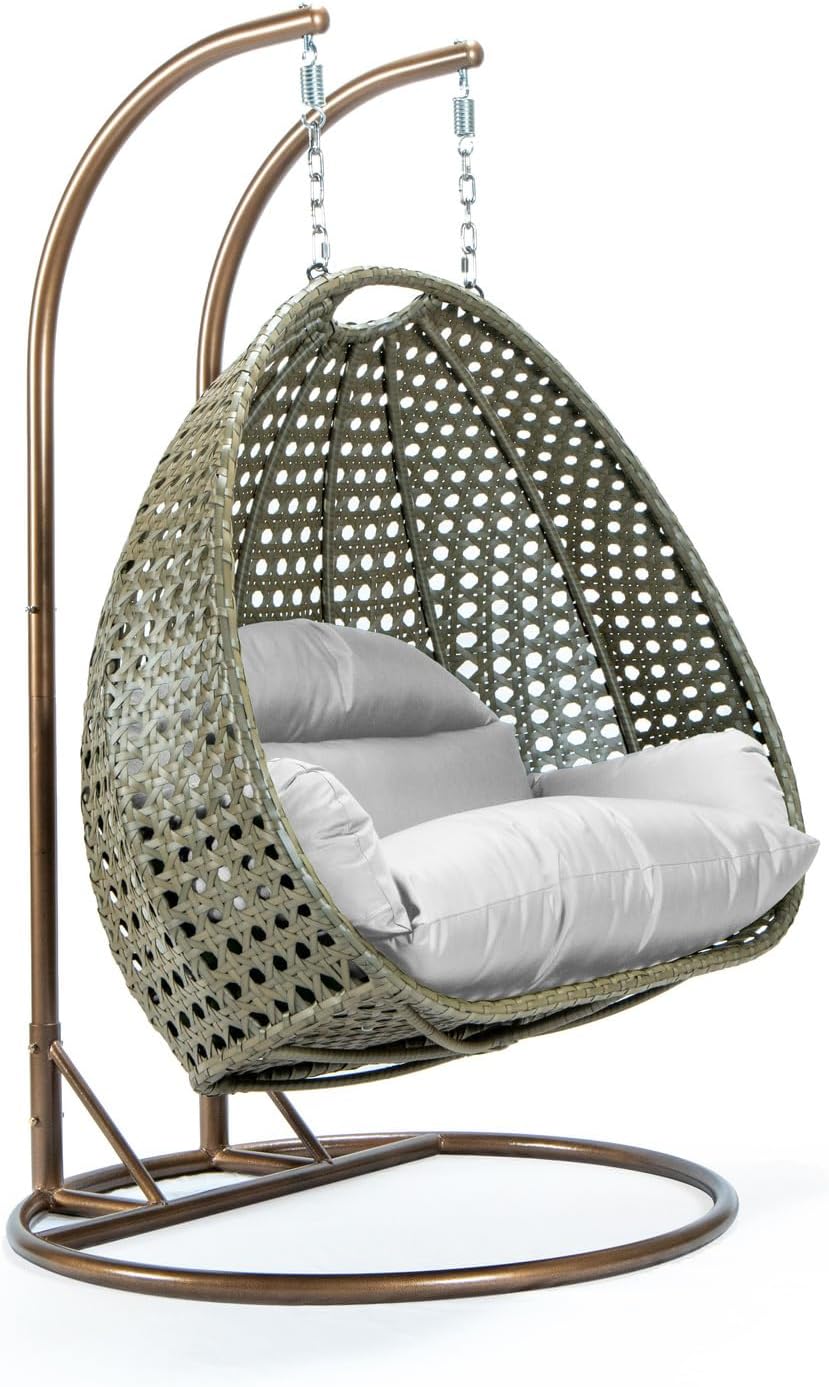 LeisureMod 2 Person Wicker Egg Chair Outdoor Indoor Bedroom Patio Hanging Lounge Swing Hammock Chairs with White Stand and UV Resistant Cushions (White)