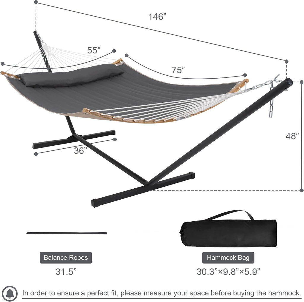 55in Hammock with Stand, Heavy Duty Hammock with Stand Included, Two Person Hammock with Curved Spreader Bar, Pillow and Portable Bag, 450 Lbs Capacity, Dark Gray