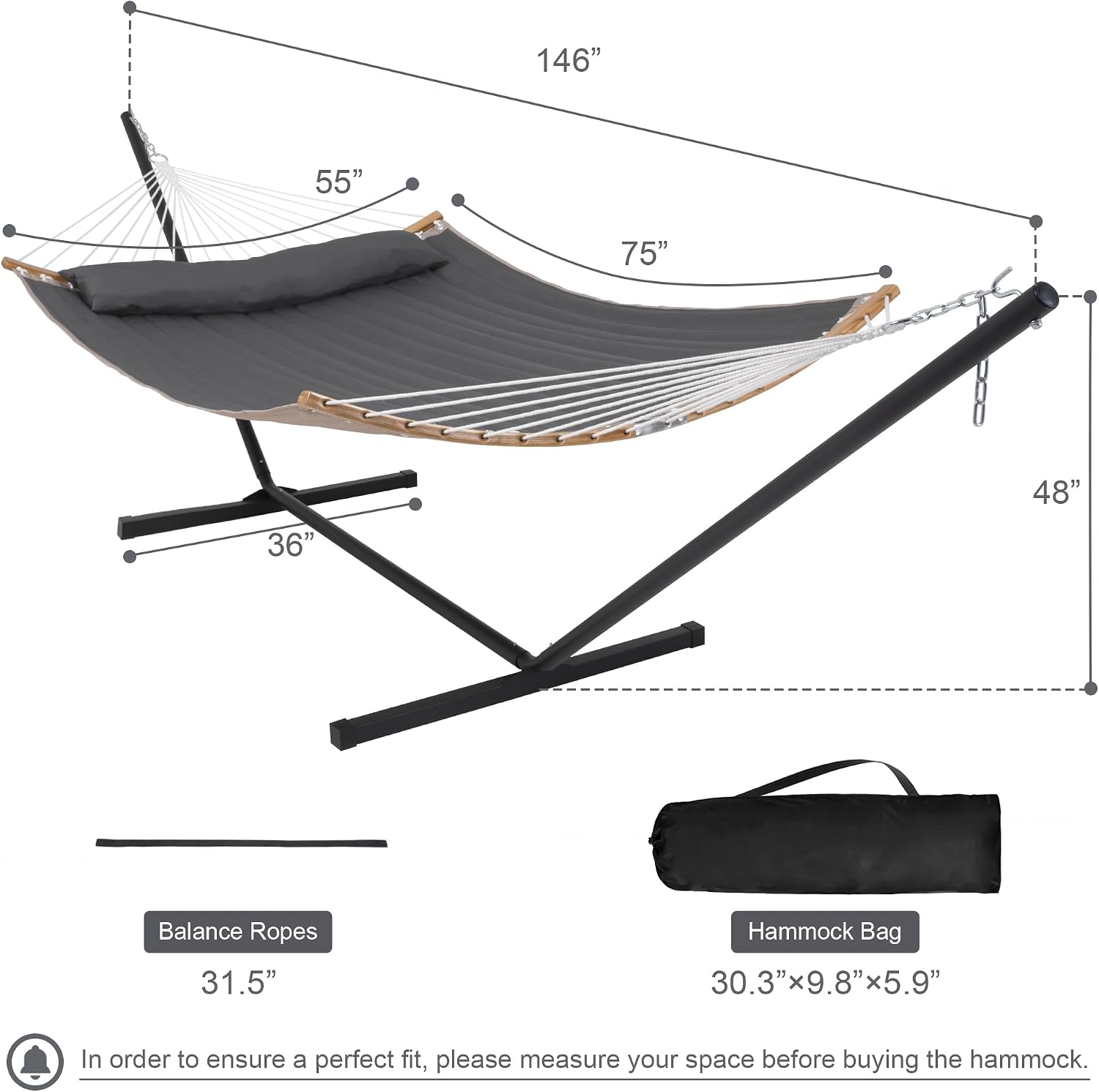 55in Hammock with Stand, Heavy Duty Hammock with Stand Included, Two Person Hammock with Curved Spreader Bar, Pillow and Portable Bag, 450 Lbs Capacity, Dark Gray