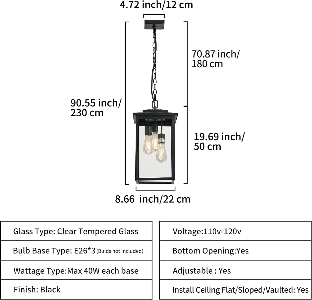 Outdoor Hanging Light Fixture 3-Light, Modern Black Metal Outside Chandelier Exterior Hanging Fixture Ceiling Mount with Clear Glass Shade for Front Porch Entrance Foyer Entryway(Bulbs not Included)