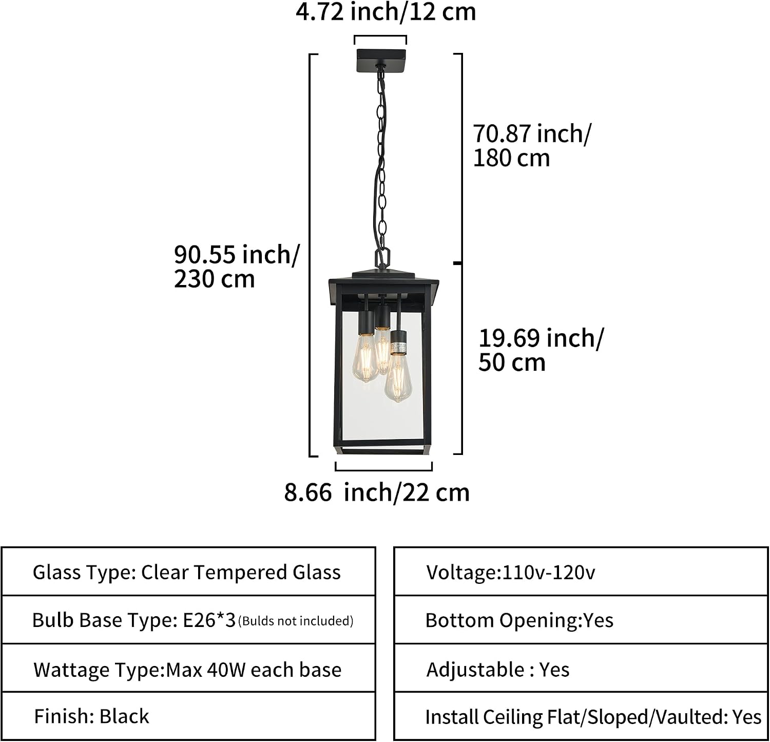 Outdoor Hanging Light Fixture 3-Light, Modern Black Metal Outside Chandelier Exterior Hanging Fixture Ceiling Mount with Clear Glass Shade for Front Porch Entrance Foyer Entryway(Bulbs not Included)