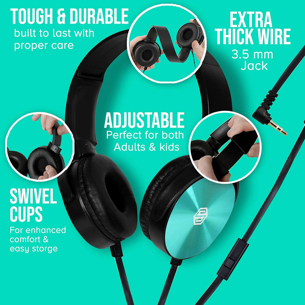 Classroom Headphones-Bulk 25-Pack, with Microphone Student On Ear Comfy Swivel Earphones for Library, School, Airplane, Kids-for Online Learning and Travel, HQ Stereo Sound 3.5mm Jack (Colored Set)