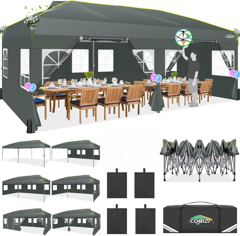 COBIZI 10x20 Pop Up Canopy with 6 Sidewalls One Push Setup Outdoor Event Shelter Waterproof UPF 50+ Gazebo Tent with Carry Bag,Air Vent,Sandbag for Commercial, Wedding, Party,Grey