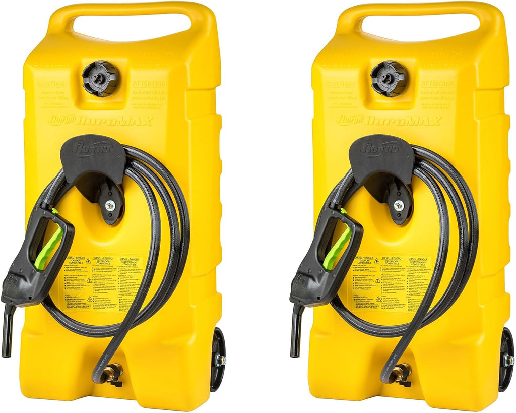 Scepter Flo N Go Duramax 14 Gallon Portable Diesel Gas Fuel Tank Container Caddy with LE Fluid Transfer Siphon Pump and 10 Foot Hose, 2 Pack, Yellow