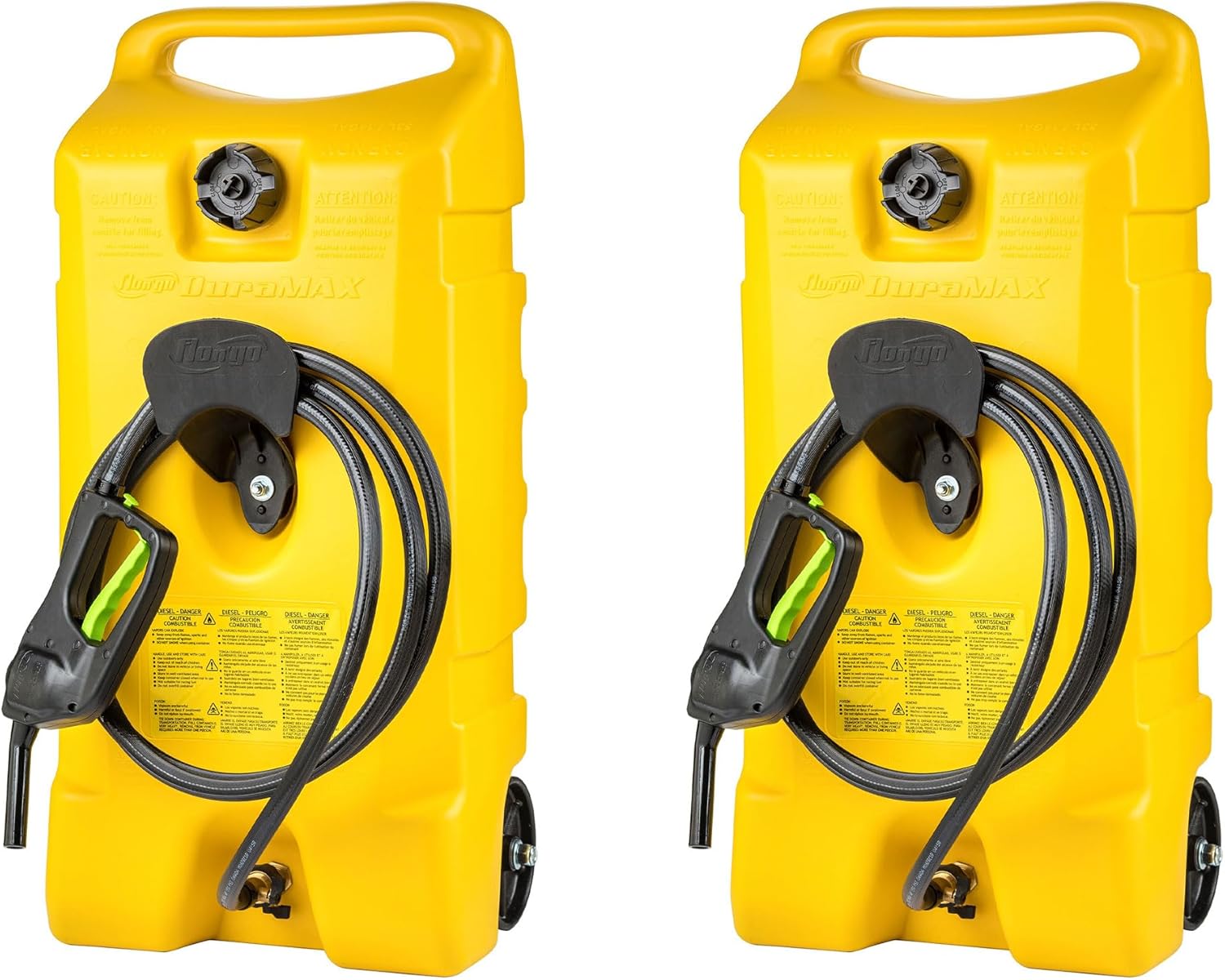 Scepter Flo N Go Duramax 14 Gallon Portable Diesel Gas Fuel Tank Container Caddy with LE Fluid Transfer Siphon Pump and 10 Foot Hose, 2 Pack, Yellow