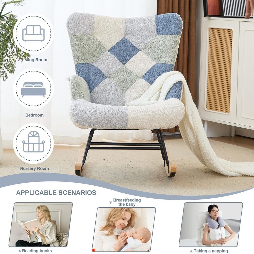 Nursery Rocking Chair Teddy Upholstered Glider Rocker Rocking Accent Chair with High Backrest Armchair Comfy Side Chair for Living Room, Bedroom, Offices (Spliced Blue)