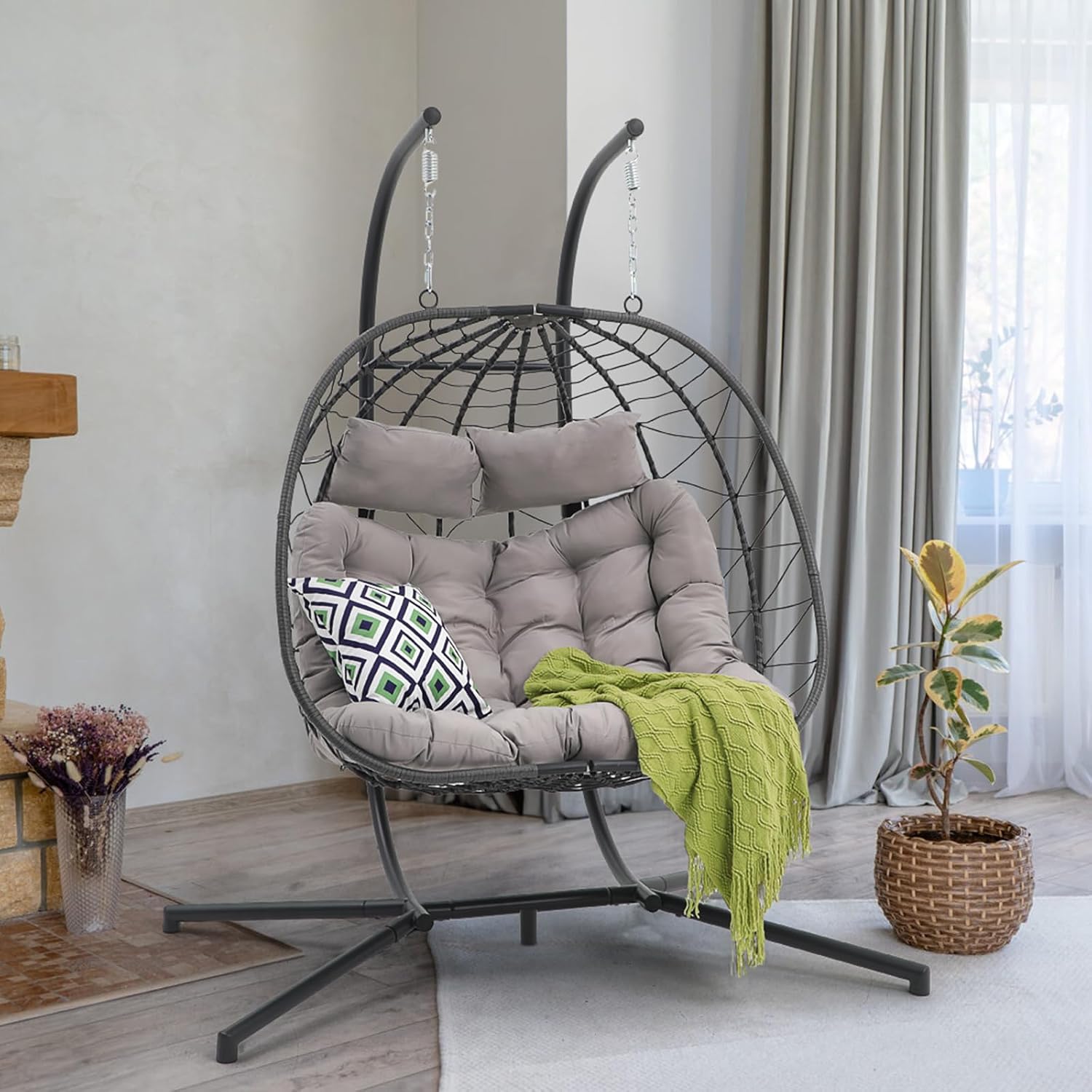 Patiorama 2 Person Double Egg Swing Chair with Stand Indoor Outdoor, Patio Wicker Rattan Hanging Egg Chair w/Cushion, Pillow, Foldable Hammock Chair 550lbs for Bedroom, Balcony, Garden (Light Grey)