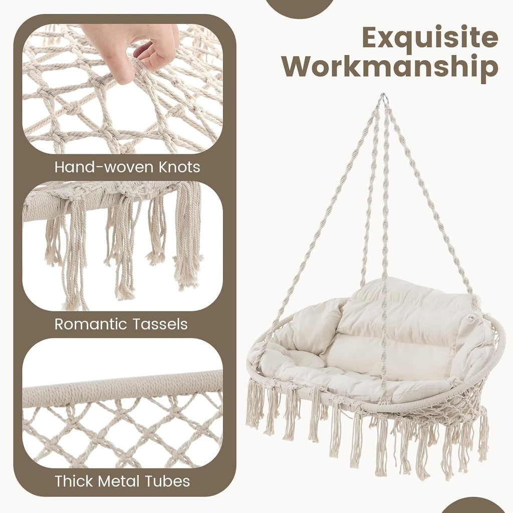 Giantex Hammock Chair, Macrame Hanging Chair with Removable Cushion, Romantic Tassels, Outdoor Indoor Rope Chair for Relax in Bedroom, Porch, Balcony, Backyard, Max 440 lbs, Swinging Chair, Beige
