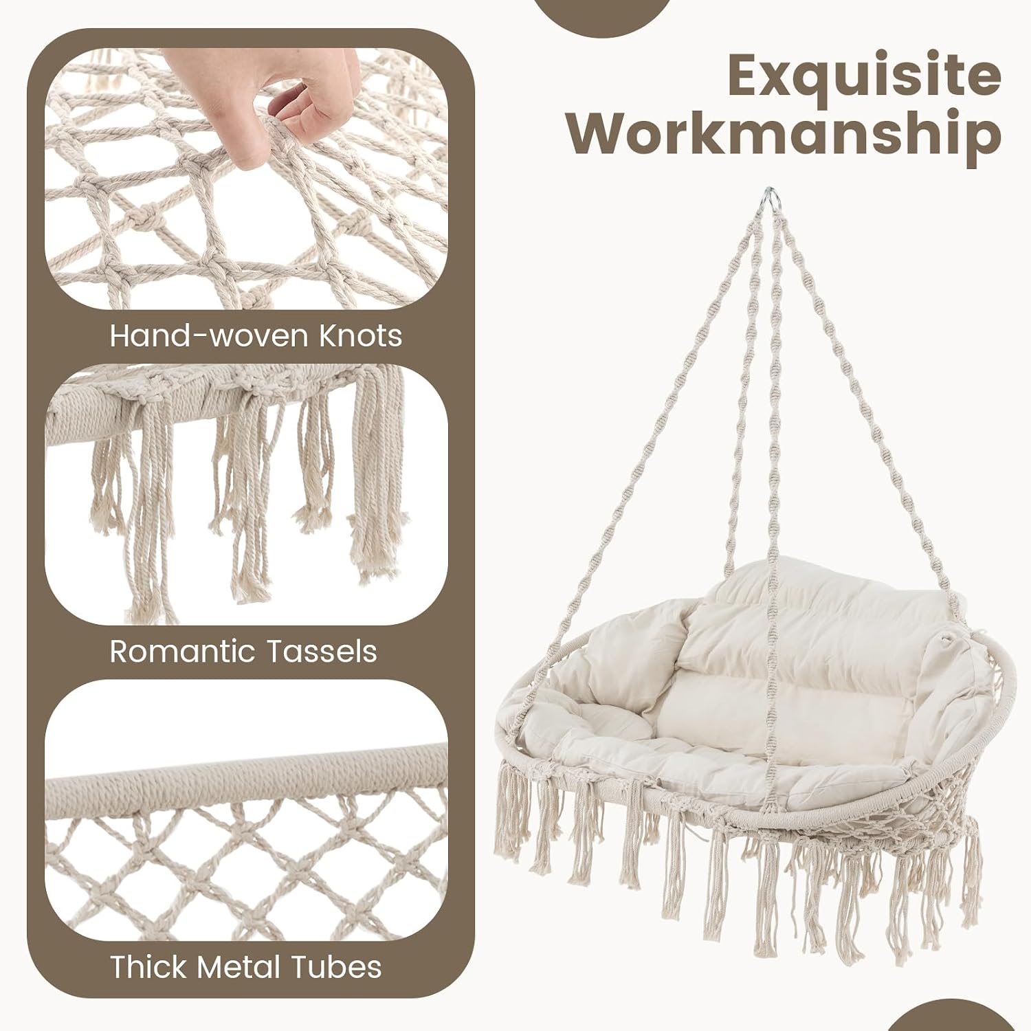 Giantex Hammock Chair, Macrame Hanging Chair with Removable Cushion, Romantic Tassels, Outdoor Indoor Rope Chair for Relax in Bedroom, Porch, Balcony, Backyard, Max 440 lbs, Swinging Chair, Beige