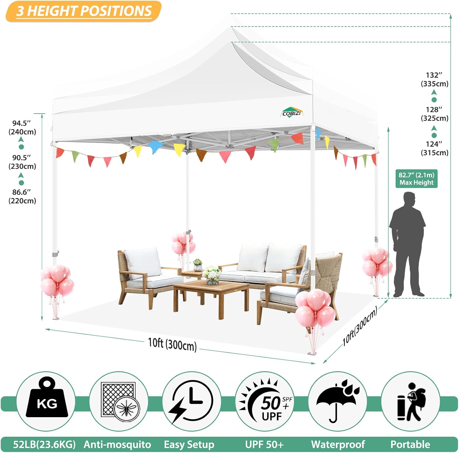 COBIZI 10x10 Pop up Gazebos with 4 Mosquito Netting Sidewalls,Heavy Duty Pop up Canopy Tent for Party,Outdoor Camping,Lawn and Backyard,Easy Set up Screen Tents with Handbag,White