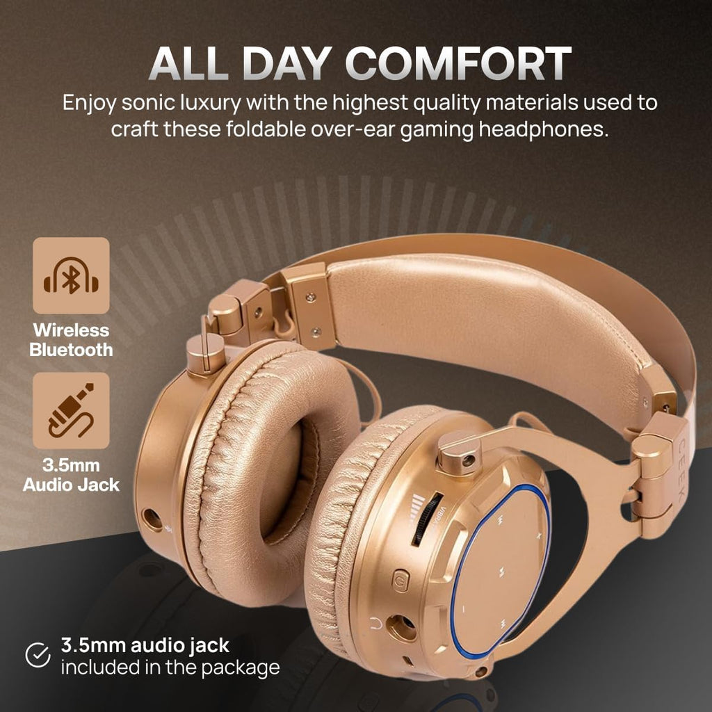 CEEK Wireless Bluetooth Headphones Over Ear with Noise Cancelling, 360° Surround Sound, Foldable Design & Detachable Mic - Headphones for Gym, Gaming, Music & Travel with Earth Shaking Bass - Gold.