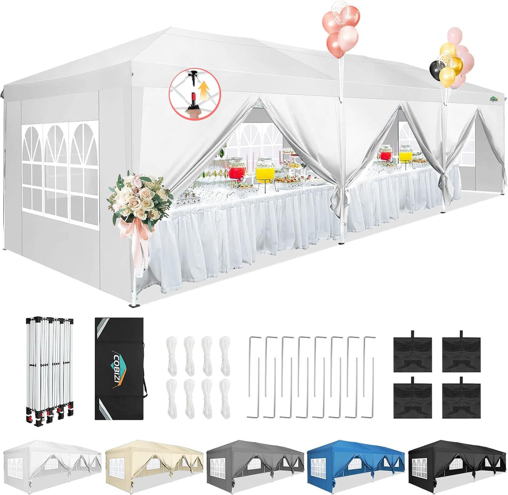 COBIZI 10x30 Pop Up Canopy Tent for Parties with 8 Sidewalls Waterproof Commercial Instant Canopy 10x30 Party Tent for Backyard, Wedding Portable Outdoor Gazebo with Carrybag&4 Sandbags(White