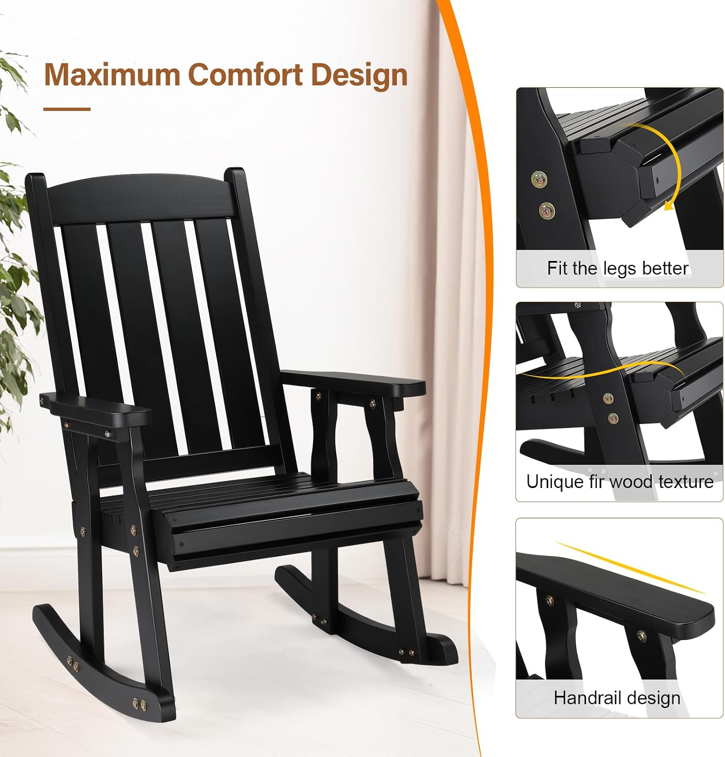VINGLI Outdoor Rocking Chair, Heavy Duty 600 LBS Wooden Rocking Bench with Comfortable Backrest, Weatherproof Patio Rocker with Ergonomic Design, Wood Rocking Chair for Patio, Garden (Black, 2 PCS)