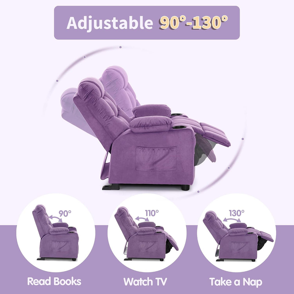MCombo Big Kids Recliner for Ages 3+, Child Reclining Chair, Toddlers Recliner Sofa with Cup Holders (Velvet, Violet)