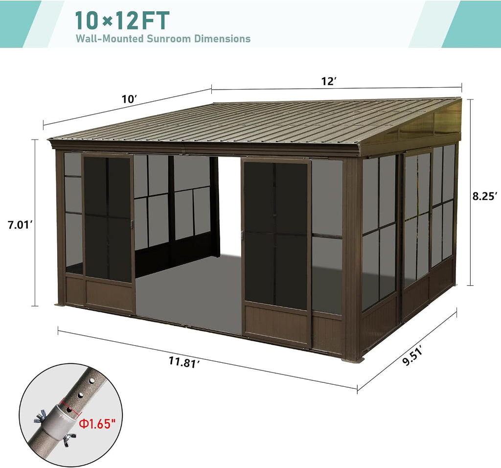 Domi Lean-to Sunroom 10x12FT, Wall Mounted Solarium with Galvanized Steel Sloping Roof, Moveable PVC Screen, Front Door&Side Sliding Door, Aluminum Gazebo Against Wall Sun Room for Patio Deck