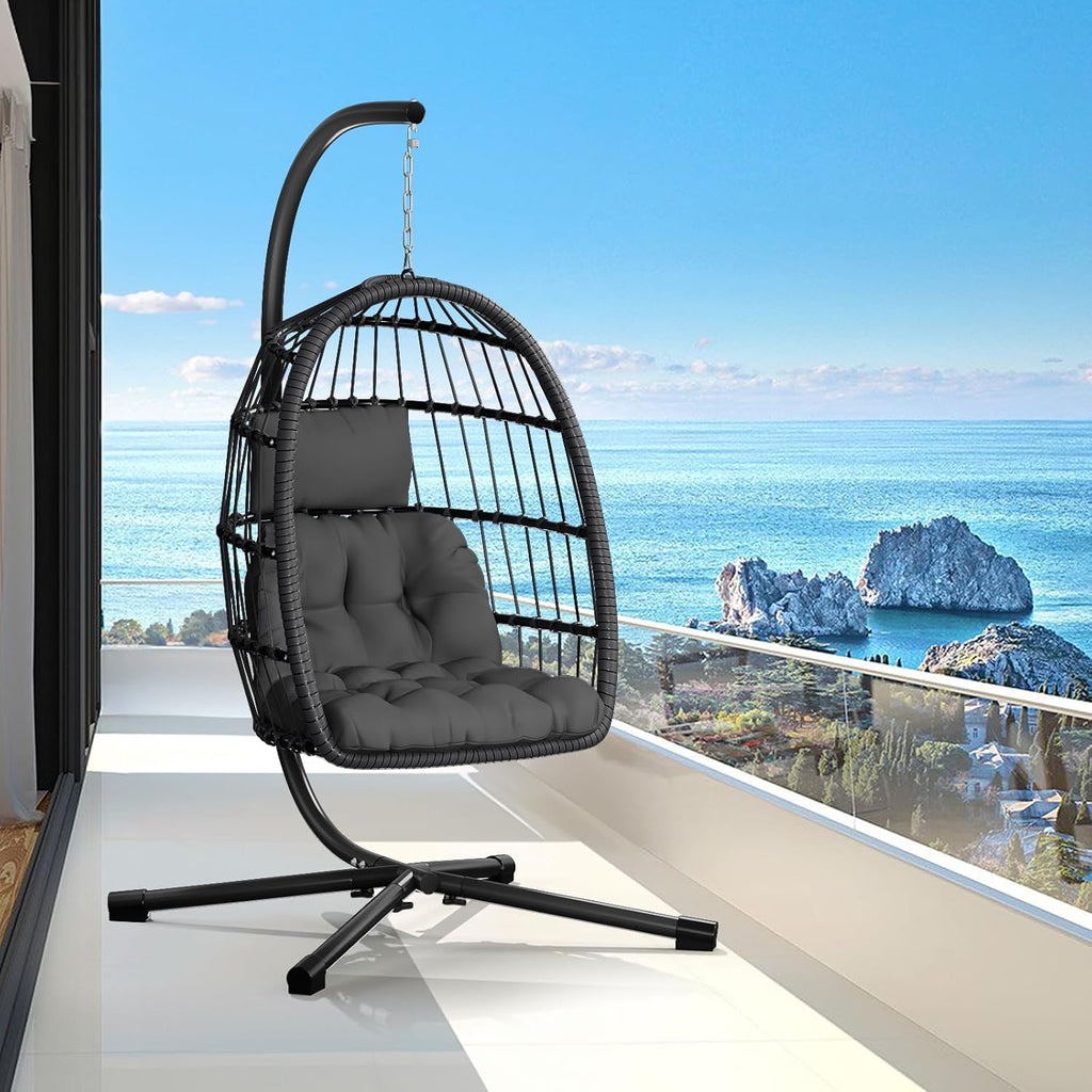 CHABATREE Egg Chair with Stand,Patio Rattan Wicker Hanging Swing Egg Chair Hammock Chair for Bedroom Porch Garden,Thickened Aluminum Alloy Steel Frame and UV Resistant Cushion,350LBS Capacity