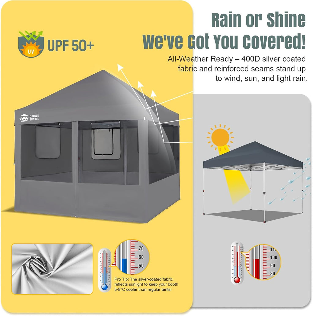 CROWN SHADES Pop Up Canopy Tent with 4 Mosquito Netting, Instant Commercial Tent with 1-Person Setup Patended Centerlock, 400D Silver Coated Fabric, 4' Wheels, Sto'N Go Bag,