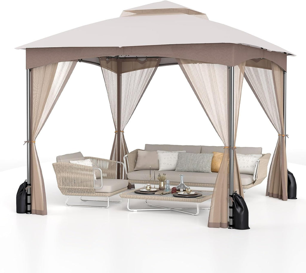 Tangkula 10x10 FT Outdoor Gazebo with Netting, Double Roof Patio Shelter with 4 Sandbags, Zippered Doors, Heavy-Duty Metal Frame, Metal Patio Gazebo for Yard Garden Lawn (Khaki)