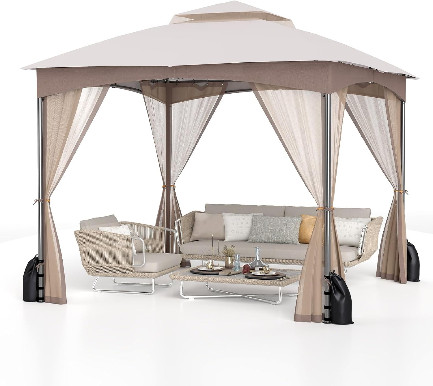 Tangkula 10x10 FT Outdoor Gazebo with Netting, Double Roof Patio Shelter with 4 Sandbags, Zippered Doors, Heavy-Duty Metal Frame, Metal Patio Gazebo for Yard Garden Lawn (Khaki)
