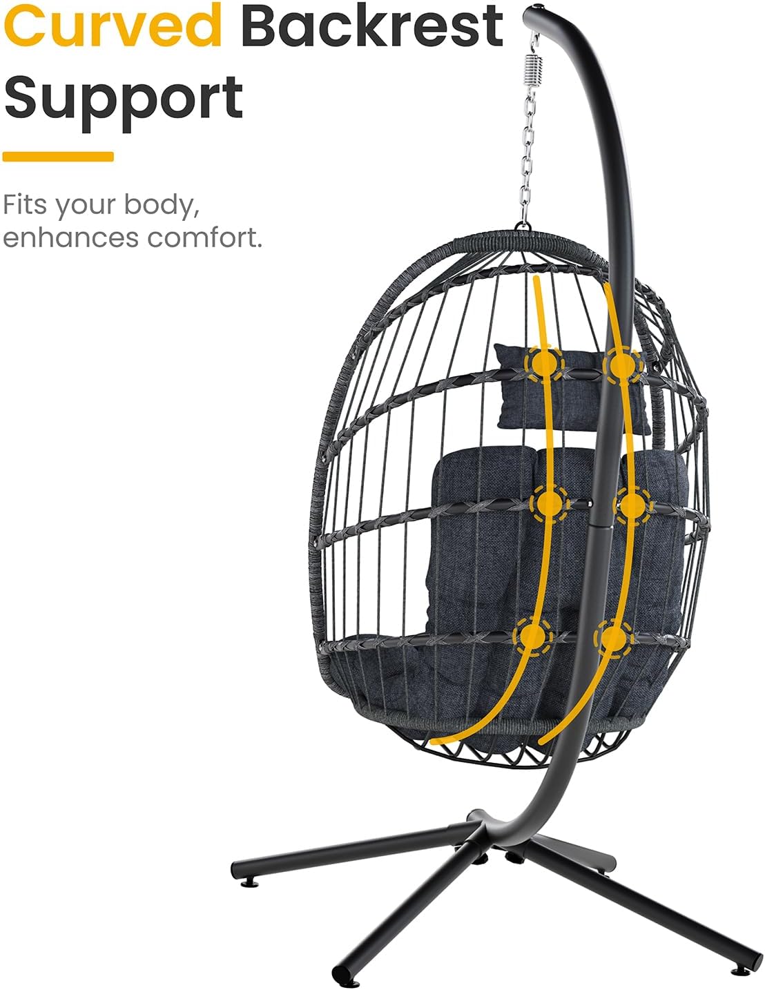 Hanging Egg Chair with Stand, Indoor Outdoor Wicker Patio Egg Swing Chair with Cushion for 350LBS Capacity, Hanging Hammock Chair for Bedroom, Garden, Porch - Dark Grey