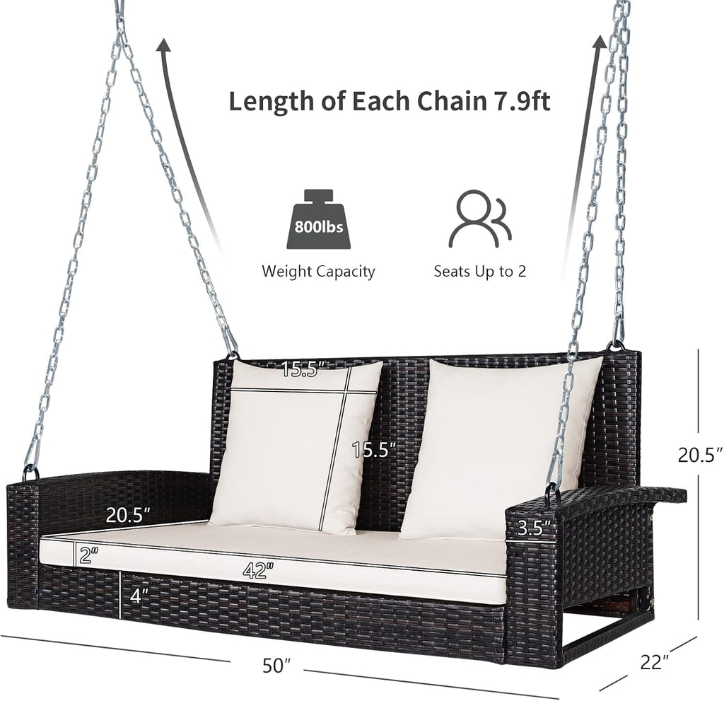 RELAX4LIFE 2-Seat Rattan Porch Swing, Wicker Outdoor Swings w/7.9 Ft Solid Metal Chain, Back & Seat Cushions for Garden Backyard, 800LBS Max Load, 2-Person Patio Swing, Beige & Black Cushion Covers
