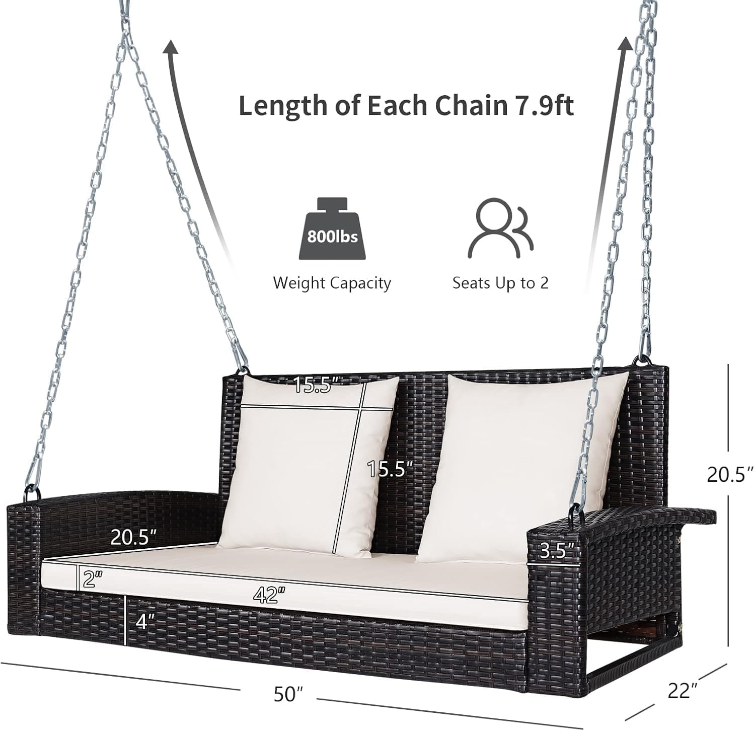 RELAX4LIFE 2-Seat Rattan Porch Swing, Wicker Outdoor Swings w/7.9 Ft Solid Metal Chain, Back & Seat Cushions for Garden Backyard, 800LBS Max Load, 2-Person Patio Swing, Beige & Black Cushion Covers