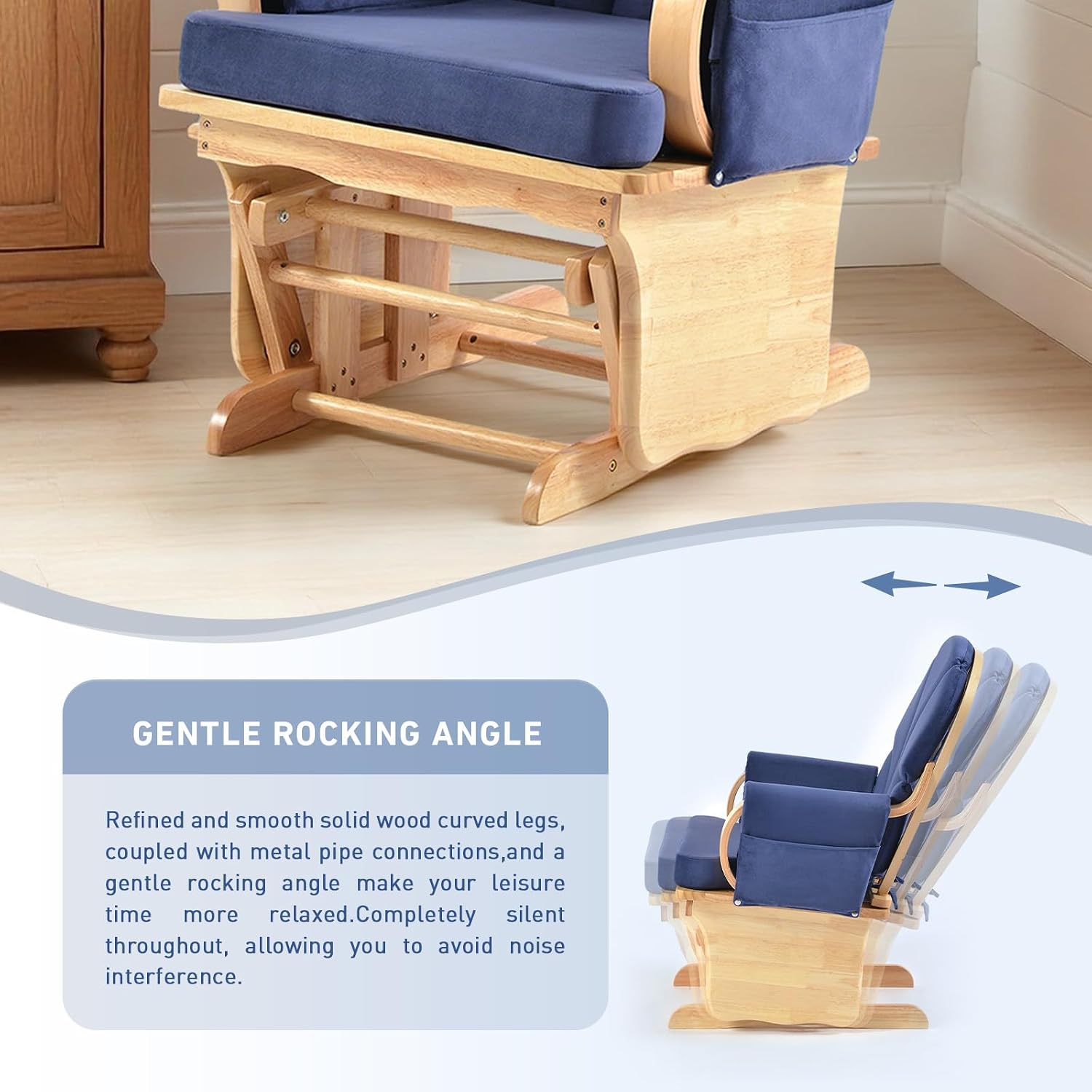 Comfortable Solid Wood Glider Rocker Chair with Plush Velvet Cushion Weight Bearing 280LBS - Modern Rocking Chair for Living Room, Nursery, Reading Nook - Blue+Natural Wood Color