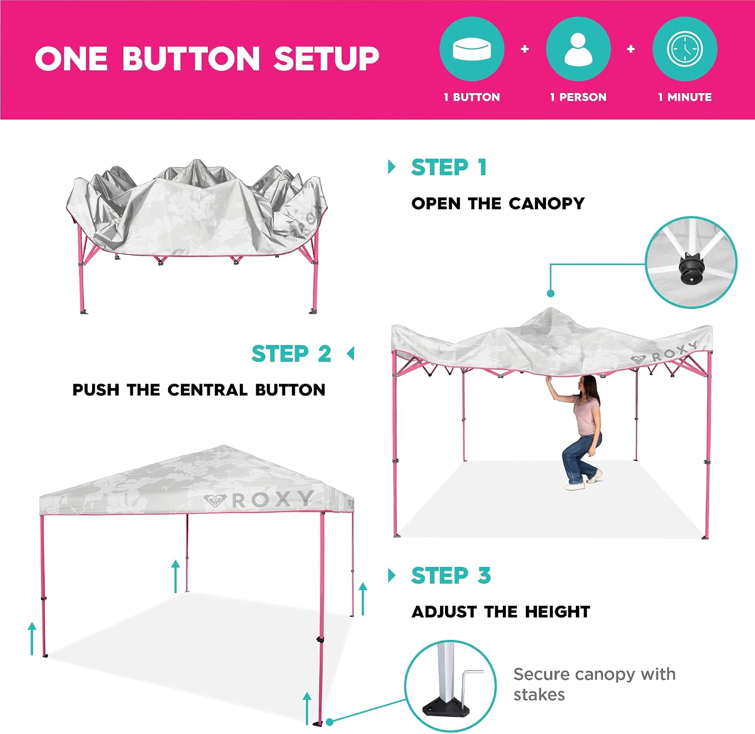 Roxy 10x10 Pop Up Canopy – Outdoor Beach Tent with Easy Up One-Push Setup – Portable Shade Shelter for Beach, Tailgate, Family Trips, RV Camping – Folding Gazebo with Wheeled Bag – Hot Pink/White