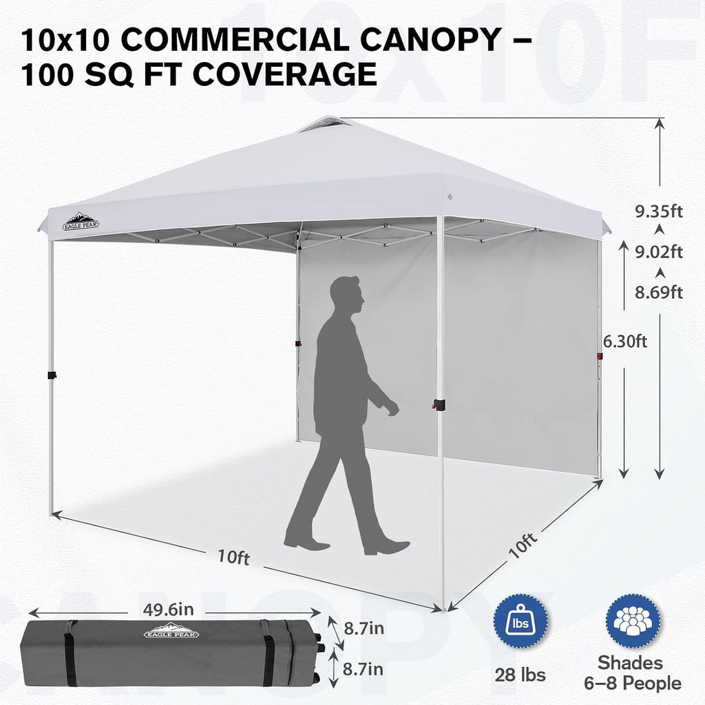 EAGLE PEAK Commercial Canopy 10x10 Pop Up Canopy Tent with 1 Sidewall, Easy Setup Heavy Duty Instant Event Shelter for Vendors & Markets, Outdoor Sun Shade, White