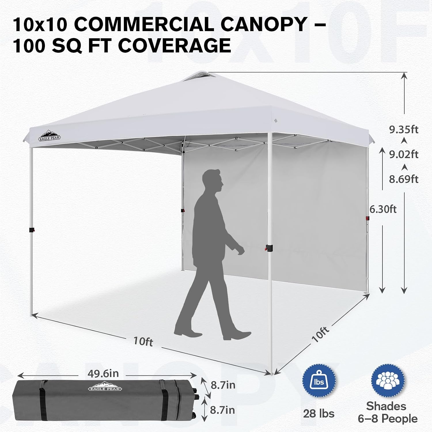 EAGLE PEAK Commercial Canopy 10x10 Pop Up Canopy Tent with 1 Sidewall, Easy Setup Heavy Duty Instant Event Shelter for Vendors & Markets, Outdoor Sun Shade, White