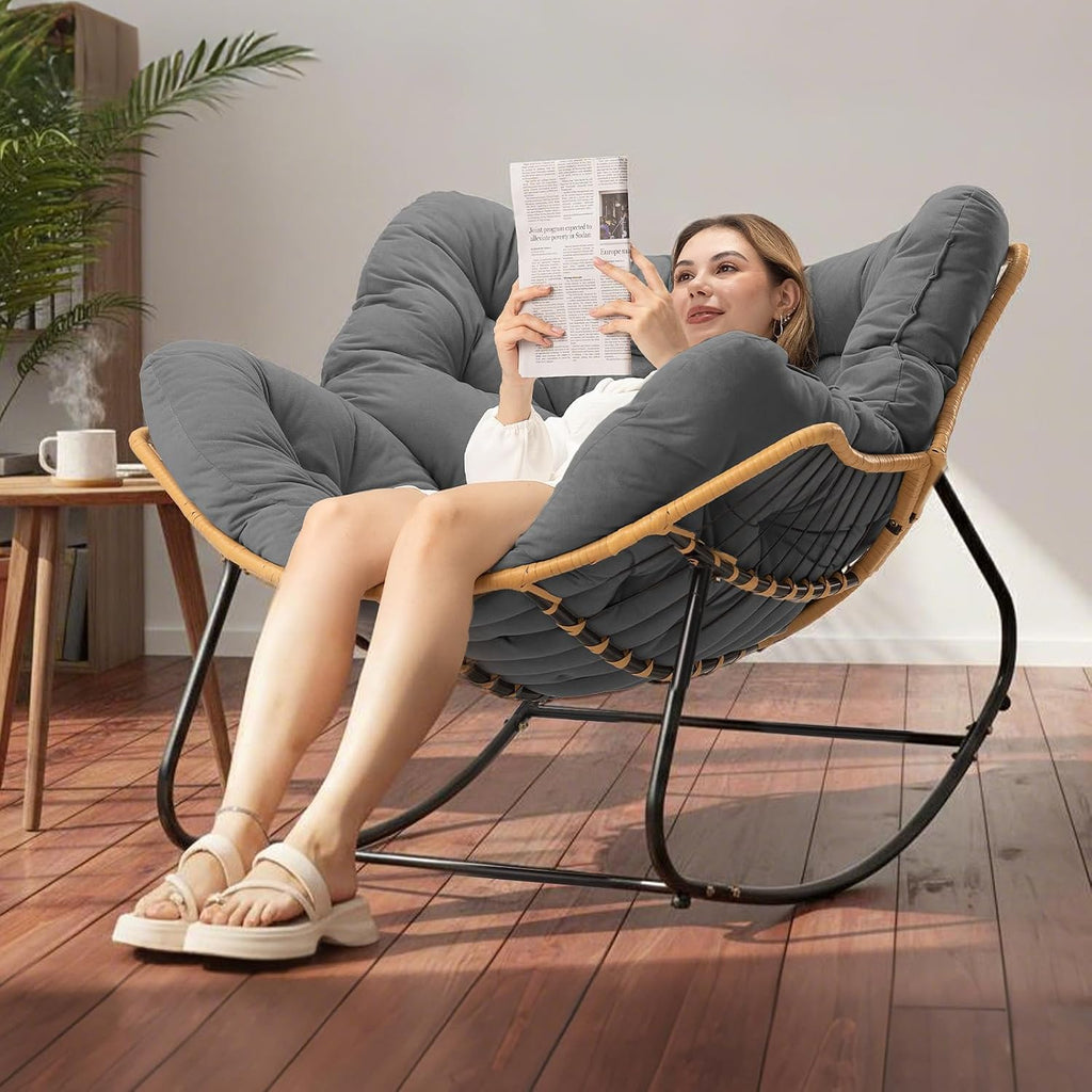 Papasan Chair with Cushion, Oversized Outdoor Rocking Chair, Patio Egg Chair Outdoor, Wicker Modern Cozy Comfy Chair for Bedroom, Living Room, Garden, Balcony, Lawn, Dark Grey