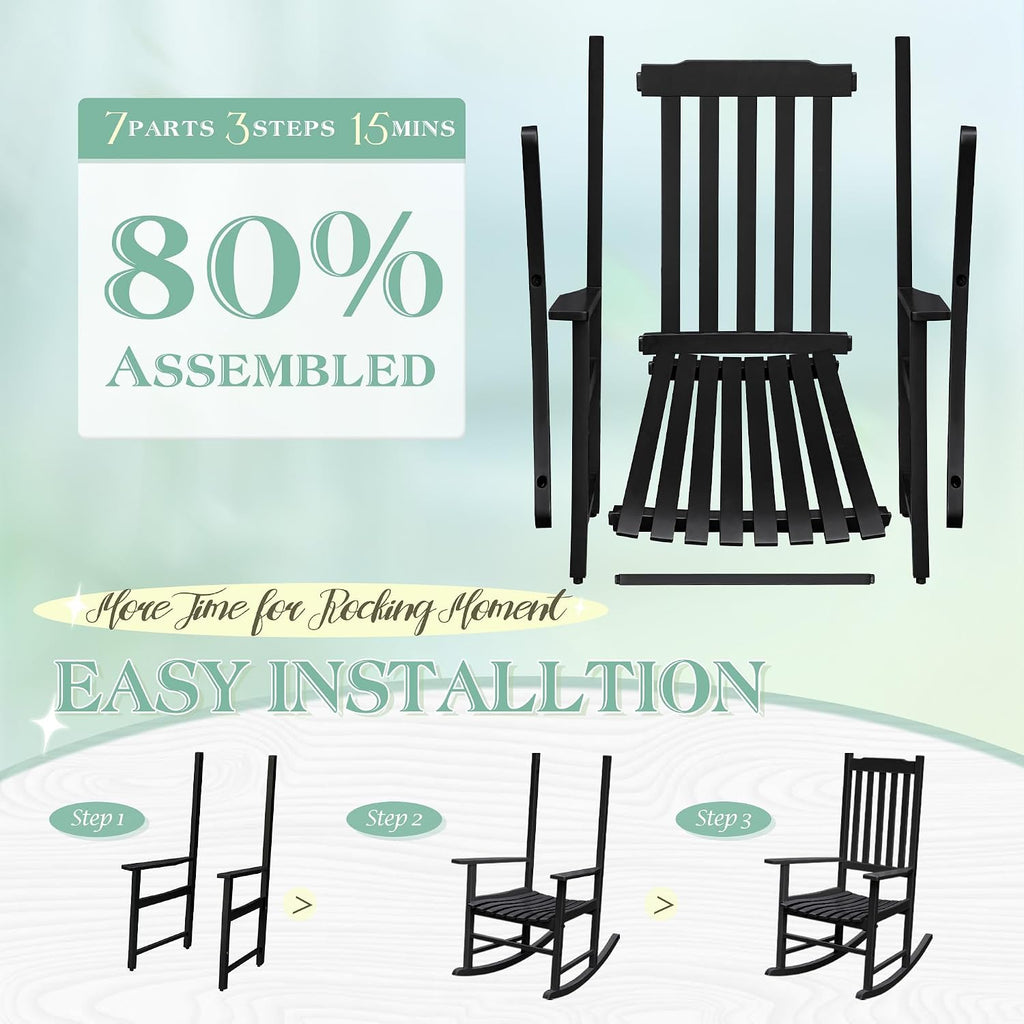 Flamaker Outdoor Rocking Chair Oversized Wooden Patio Chairs with Widened Armrest High Back Porch Rocker for Lawn, Garden, Backyard, Fire Pit (Black)
