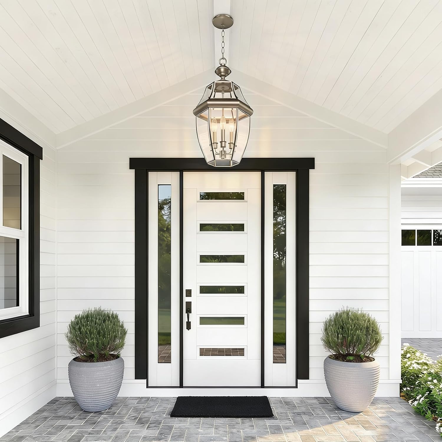 Large Outdoor Pendant Light Fixture 3-Light, 20in Modern Silver Outdoor Chandelier Hanging Porch Light, Metal Exterior Ceiling Mount Hanging Lantern with Clear Glass for Front Door, Entrance, Gazebo