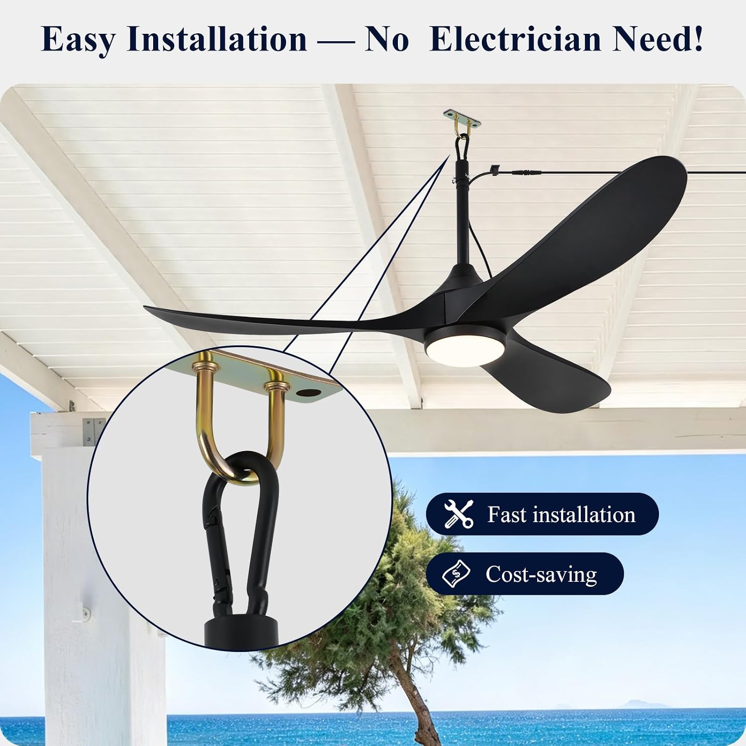 52 inch Outdoor Ceiling Fan with Light Waterproof - Plug in Hanging Hook for Patio, Porch, Gazebo - Wet Rated Weatherproof Exterior Black 3 Blades Ceiling Fan with Remote