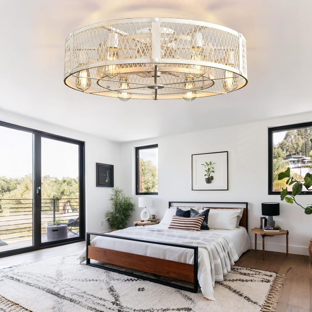 Depuley Flush Mount Ceiling Fan: 26' Caged Ceiling Fans with Lights and Remote Control for Kitchen Bedroom Farmhouse - Rustic Low Profile Ceiling Fandelier Lights Reversible 6 Speed Timer Cement
