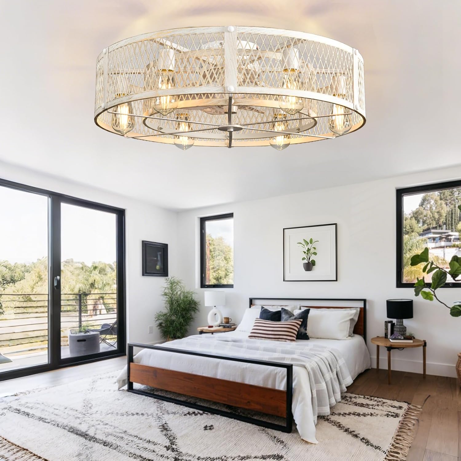 Depuley Flush Mount Ceiling Fan: 26' Caged Ceiling Fans with Lights and Remote Control for Kitchen Bedroom Farmhouse - Rustic Low Profile Ceiling Fandelier Lights Reversible 6 Speed Timer Cement