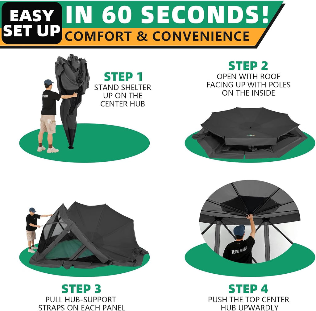 COBIZI Pop Up Gazebo Screen Tent Screen House for Camping, 15x15 Screen Room with Mosquito Netting, Hub Tent Instant Screened Canopy with Carrying Bag and Ground Stakes, Black