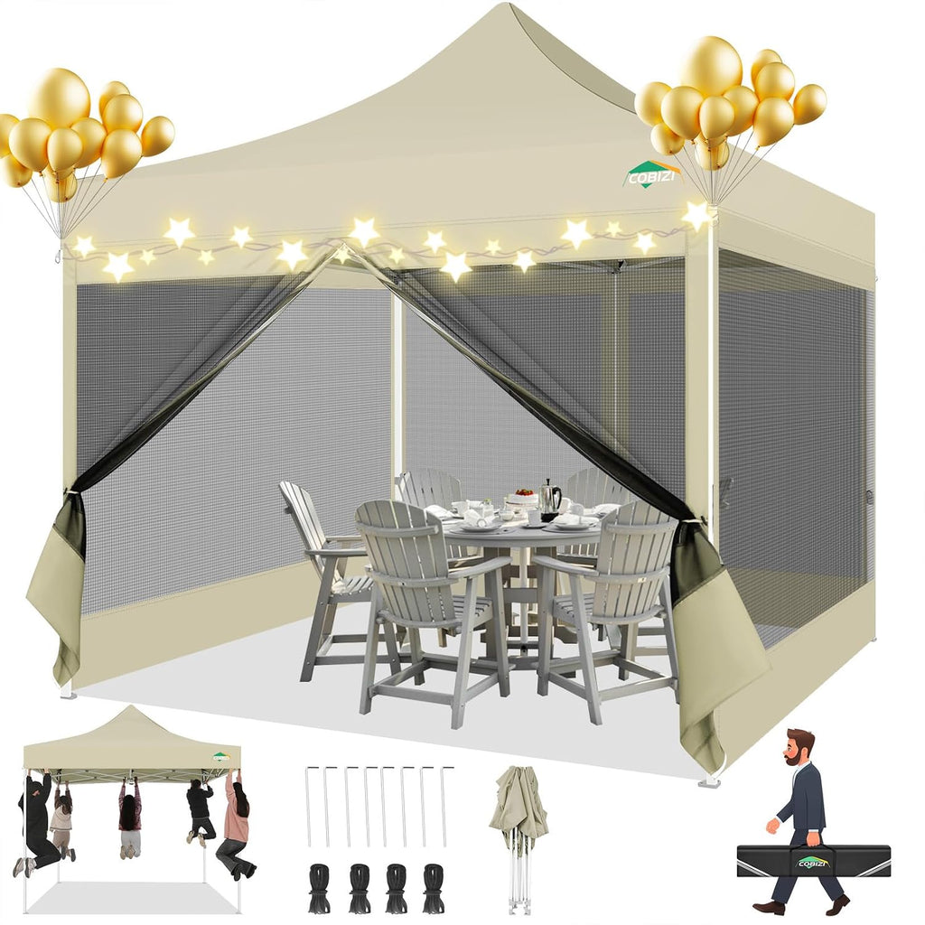 COBIZI 10x10 Canopy Tent with 4 Sidewalls,Heavy Duty Pop up Canopy with Mosquito Netting,Easy up Screen Tent for Parties Wedding Outdoor Camping with Handbag,Khaki