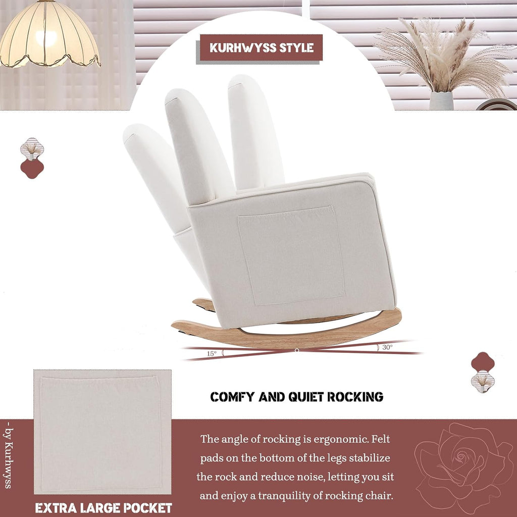 Modern Rocking Chair Nursery, Comfy Glider Nursery Chair with Foot Rest, Upholstered Rocker with Pocket, Accent Reading Armchair with Solid Wood Base for Living Room, Bedroom, Lounge Room (Beige)