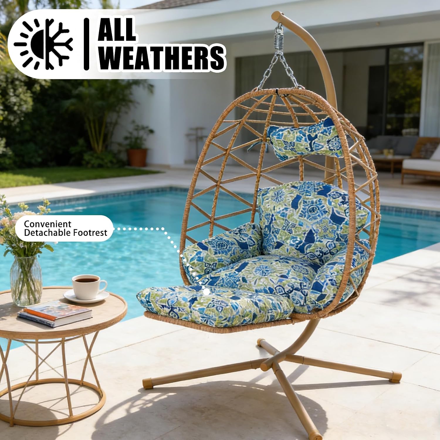 Hanging Egg Chair with Stand & Leg Rest,Rattan Wicker Swing Chair with Cushion,Patio Basket Hanging Chair Wicker Hammock Chair for Indoor Outdoor Bedroom Garden,300LBS (Yellow Rattan&Floral Cushion)