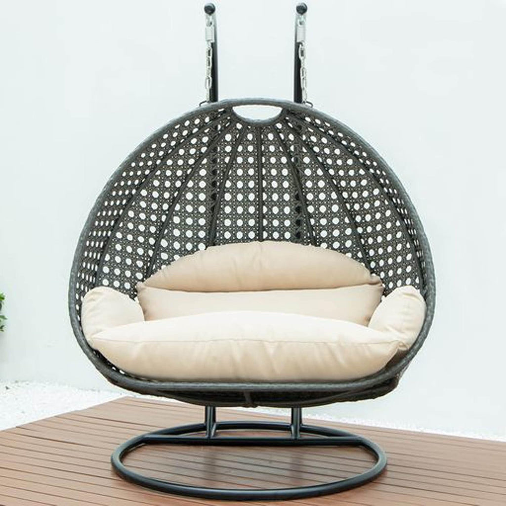 LeisureMod 2 Person Wicker Hanging Egg Chair with Stand & UV-Resistant Cushions for Indoor/Outdoor, Patio, Lounge, Hammock Seat, Beige