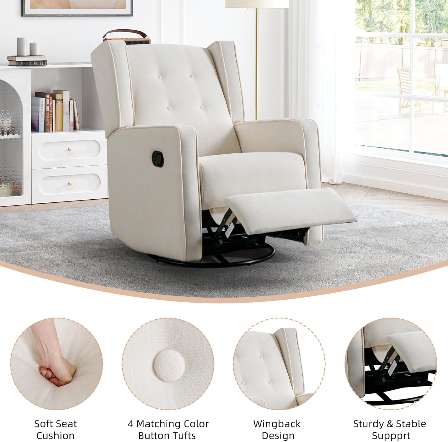 CANMOV Swivel Rocker Recliner Chair, Rocking Chair Nursery Glider Recliner, Manual Glider Chair for Nursery, White