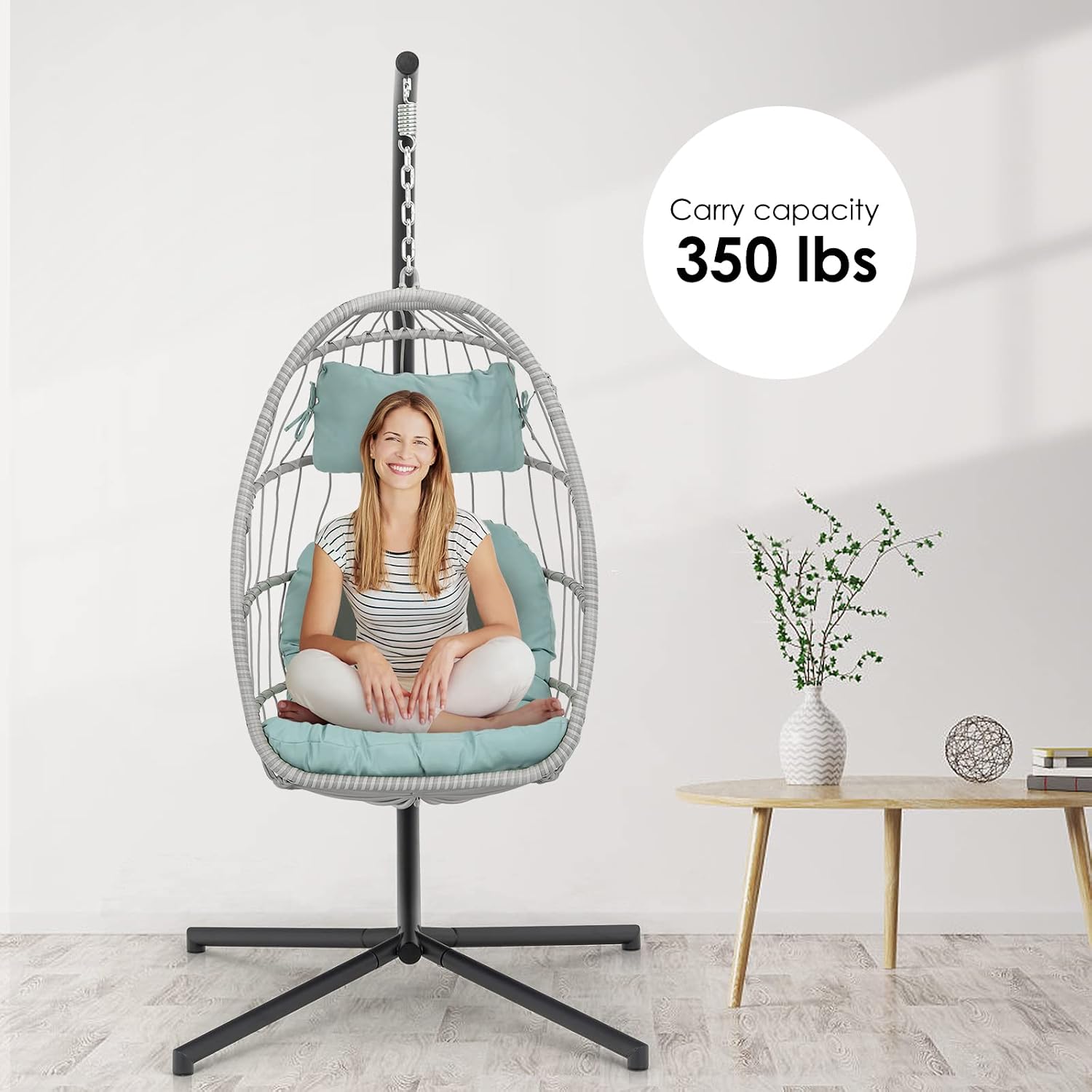 Egg Hanging Chair with Stand Hammock Egg Chair Indoor Outdoor, Wicker Rattan Hanging Swing Chair Basket Egg Chair Aluminum Steel Frame and UV Resistant Cushion for Bedroom Garden Backyard Light Blue