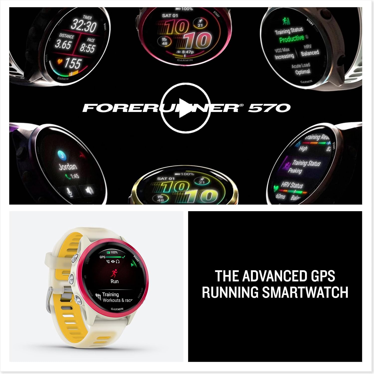 Garmin Forerunner 570 (42 mm, Raspberry/Translucent Bone/Mango) Running GPS Smartwatch - AMOLED Display, Training - Gift Box Bundle with PlayBetter HD Screen Protectors, Wall Adapter & Case