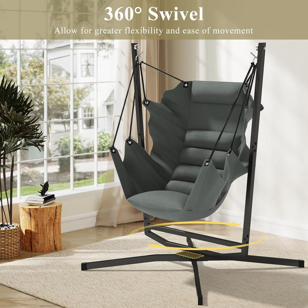 360° Swivel Hammock Swing Chair with Stand - Comfortable Hanging Chair with Cushions (400 lbs Capacity) for Indoor/Outdoor Use - Perfect for Bedroom, Patio, Porch, Deck, Garden, Balcony