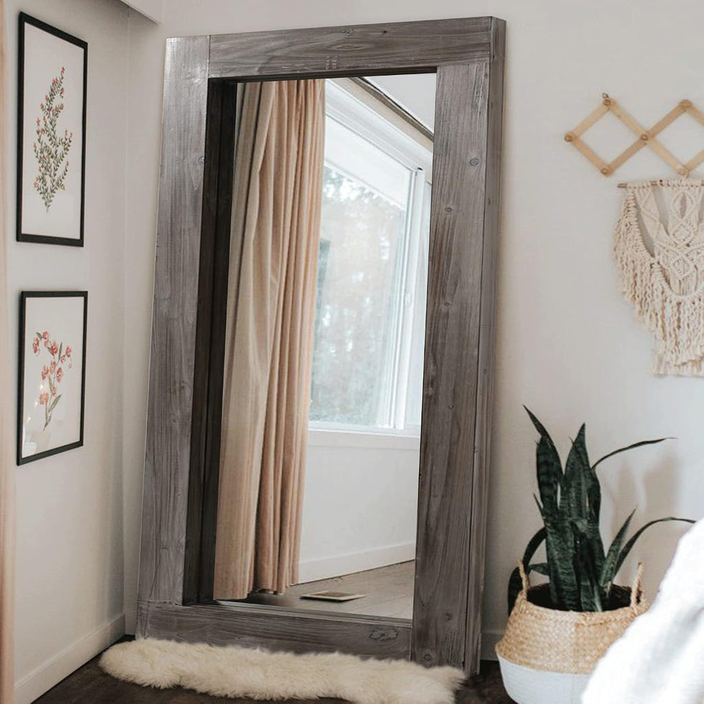 NeuType Floor Mirror Full Length, 71x32in Rustic Wood Frame Full Body Dressing Mirror, Wall-Mounted or Leaning Against Wall Standing Mirror, Farmhouse Decor for Bedroom Living Room, Charcoal Grilled