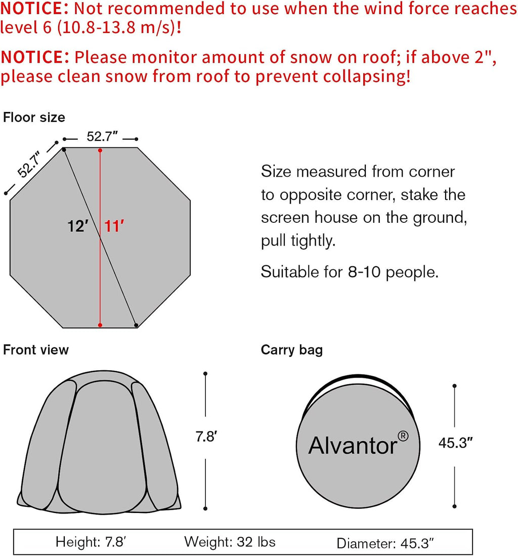 Alvantor® Pop Up Bubble Tent® - 12' x 12' Instant Igloo Tent® - 8-10 Person Screen House for Patios - Large Oversize Weather Proof Pod - Cold Protection Camping - Beige