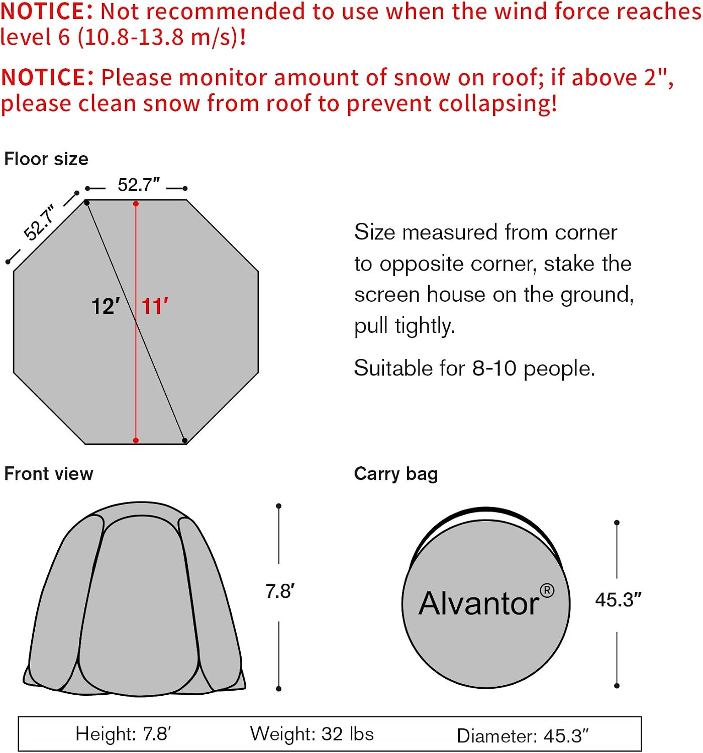 Alvantor® Pop Up Bubble Tent® - 12' x 12' Instant Igloo Tent® - 8-10 Person Screen House for Patios - Large Oversize Weather Proof Pod - Cold Protection Camping - Beige