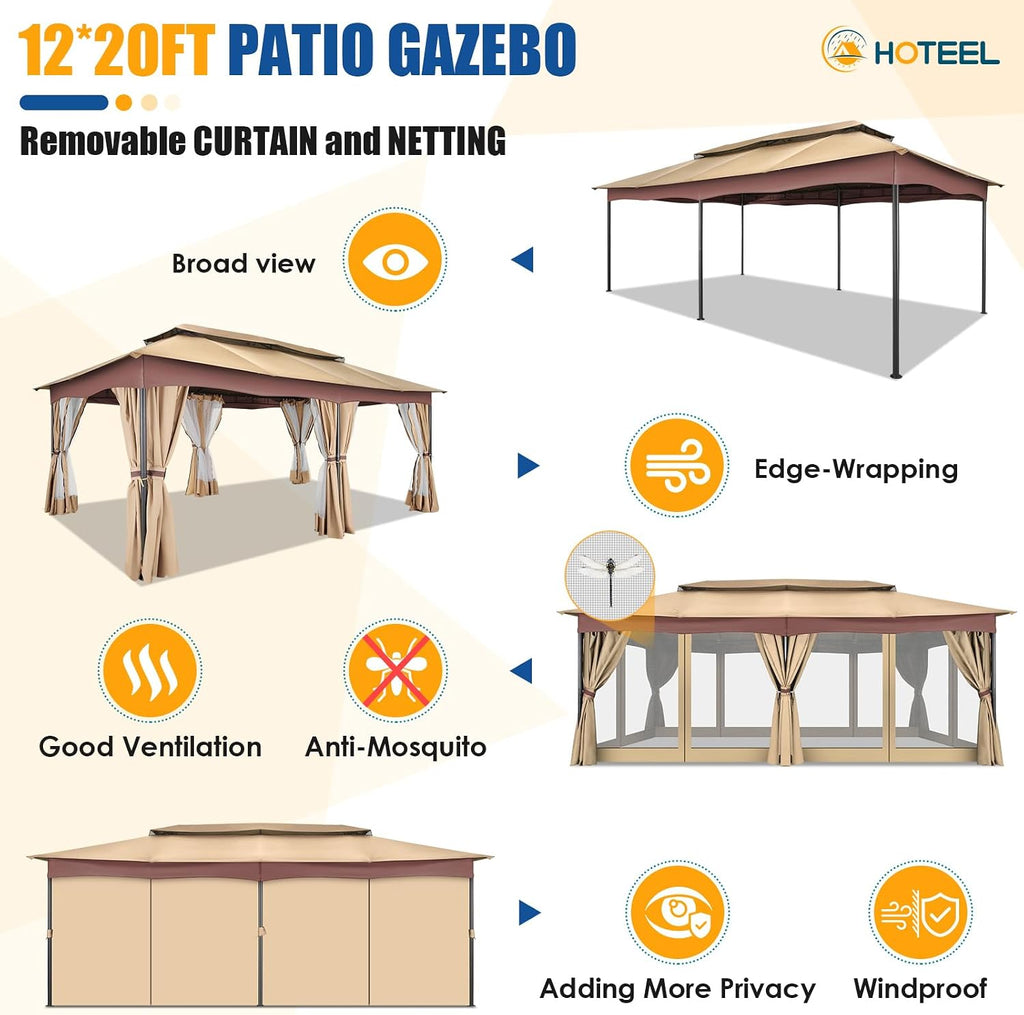 HOTEEL Gazebo 12x20, Outdoor Gazebo on Clearance with Double Ventilated Arc Roof, Privacy Curtains & Mosquito Netting, Easy Set up Canopy Tent with Stable Metal Frame for Patio, Khaki (Windproof)