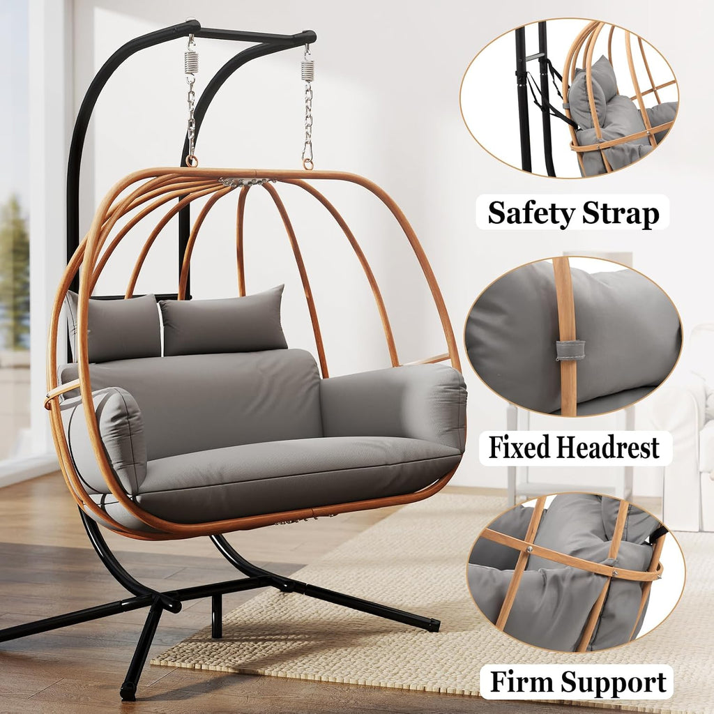 Double Egg Chair with Stand, Oversized Egg Chair Outdoor, 2-Person Hanging Eggs Chairs, 600Lbs Sturdy Loveseat Swinging Chair for Balcony, Patio, Deck, Grey